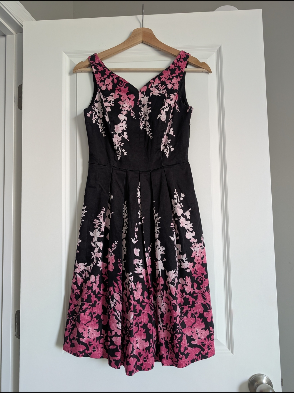 White House Black Market Black & Pink Floral V-Neck Fit-and-Flare Midi Dress